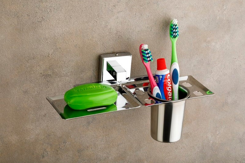 Well Set حامل صابون من الفولاذ المقاوم للصدأ مع حامل فرشاة الأسنان وزجاج، مثبت على الحائط، أدوات الحمام، تصميم مقاوم للصدأ ودائم، مظهر أنيق وعصري - Image 1