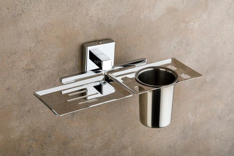 Well Set حامل صابون من الفولاذ المقاوم للصدأ مع حامل فرشاة الأسنان وزجاج، مثبت على الحائط، أدوات الحمام، تصميم مقاوم للصدأ ودائم، مظهر أنيق وعصري - Image 4