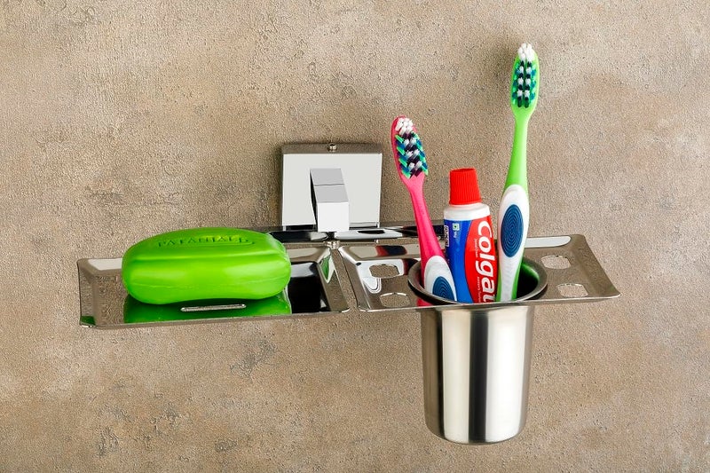 Well Set حامل صابون من الفولاذ المقاوم للصدأ مع حامل فرشاة الأسنان وزجاج، مثبت على الحائط، أدوات الحمام، تصميم مقاوم للصدأ ودائم، مظهر أنيق وعصري - Image 2