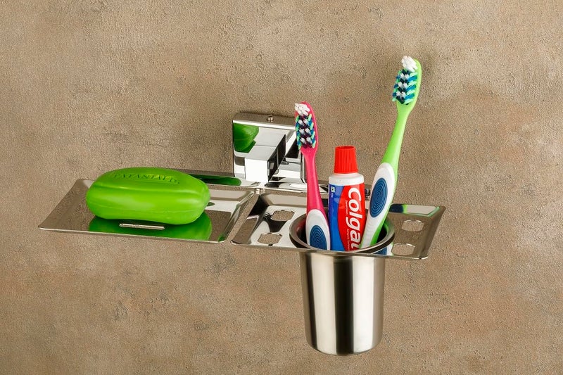 Well Set حامل صابون من الفولاذ المقاوم للصدأ مع حامل فرشاة الأسنان وزجاج، مثبت على الحائط، أدوات الحمام، تصميم مقاوم للصدأ ودائم، مظهر أنيق وعصري - Image 3