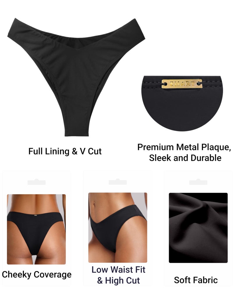 Zmart Women Cheeky Bikini Bottoms V Cut Swim Bottom High Cut Swimsuit Low Waist Low Rise Bathing Suit Black M - Image 3