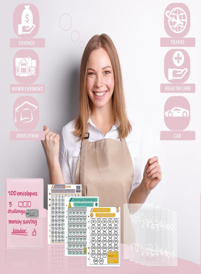 أنتنر مجلد تحدي توفير المال من أنتنر، يحتوي على 100 ظرف مع قفل، مقاس A5، دفتر تحدي لتوفير المال، مخطط ميزانية مع أظرف نقدية لتوفير المال - قفل بكلمة مرور لحماية أموالك، لون وردي - Image 2
