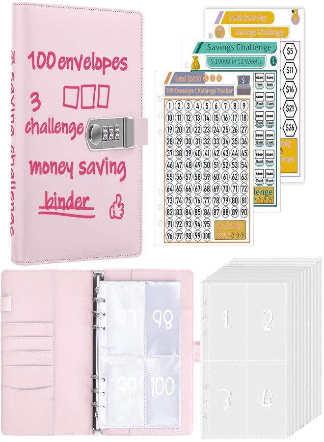 أنتنر مجلد تحدي توفير المال من أنتنر، يحتوي على 100 ظرف مع قفل، مقاس A5، دفتر تحدي لتوفير المال، مخطط ميزانية مع أظرف نقدية لتوفير المال - قفل بكلمة مرور لحماية أموالك، لون وردي - Image 1