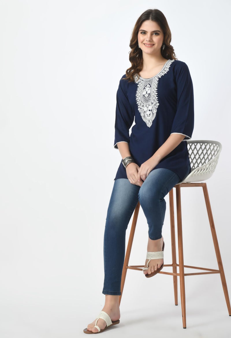 LIBOZA Store LIBOZA Short Kurti for Women – Lakhnowi Chikankari Embroidered Ladies Kurta, Stylish Girls Top, Ethnic Half Kurtas, Tunic Design Woman Kurtis Navy Blue - Image 4