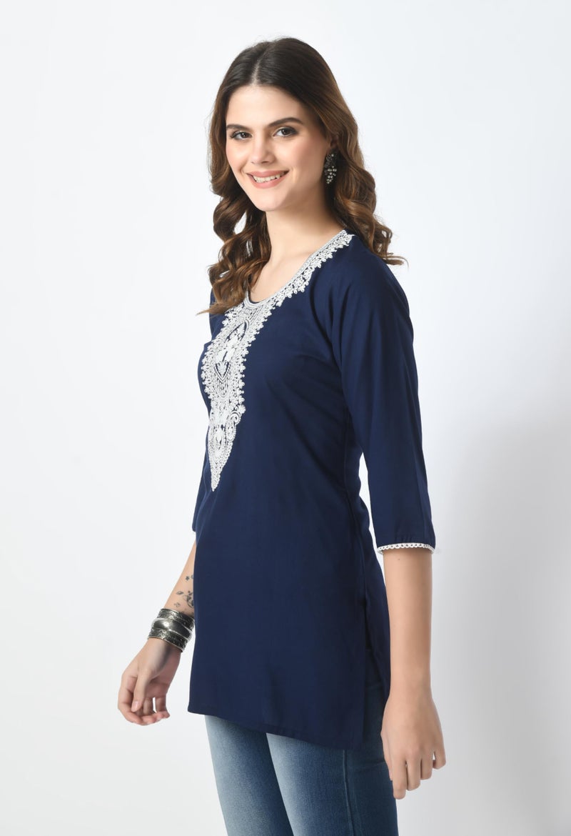LIBOZA Store LIBOZA Short Kurti for Women – Lakhnowi Chikankari Embroidered Ladies Kurta, Stylish Girls Top, Ethnic Half Kurtas, Tunic Design Woman Kurtis Navy Blue - Image 5