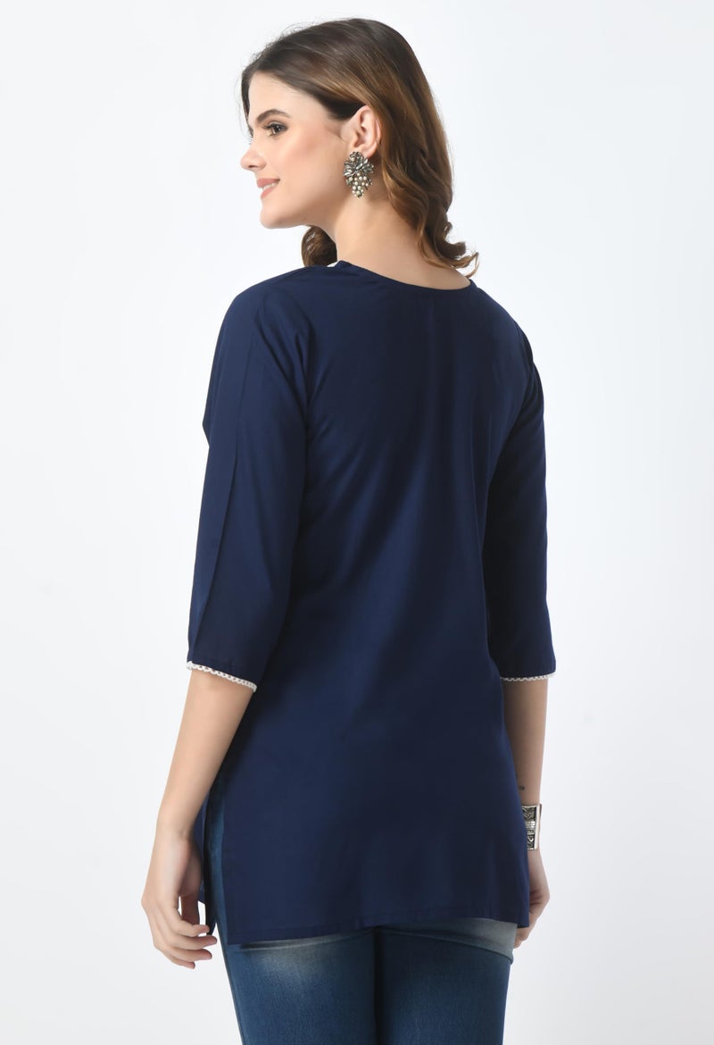 LIBOZA Store LIBOZA Short Kurti for Women – Lakhnowi Chikankari Embroidered Ladies Kurta, Stylish Girls Top, Ethnic Half Kurtas, Tunic Design Woman Kurtis Navy Blue - Image 2