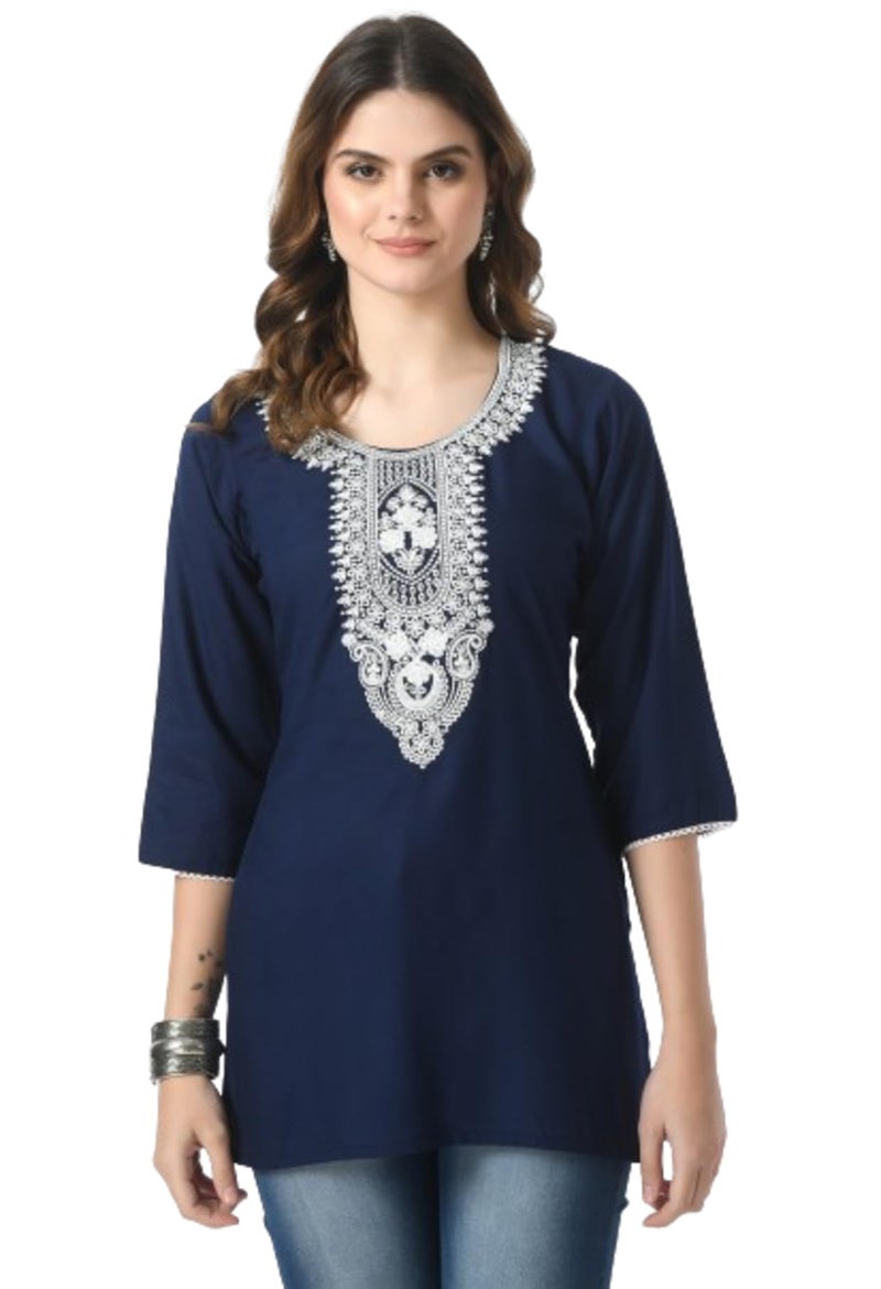 LIBOZA Store LIBOZA Short Kurti for Women – Lakhnowi Chikankari Embroidered Ladies Kurta, Stylish Girls Top, Ethnic Half Kurtas, Tunic Design Woman Kurtis Navy Blue - Image 1