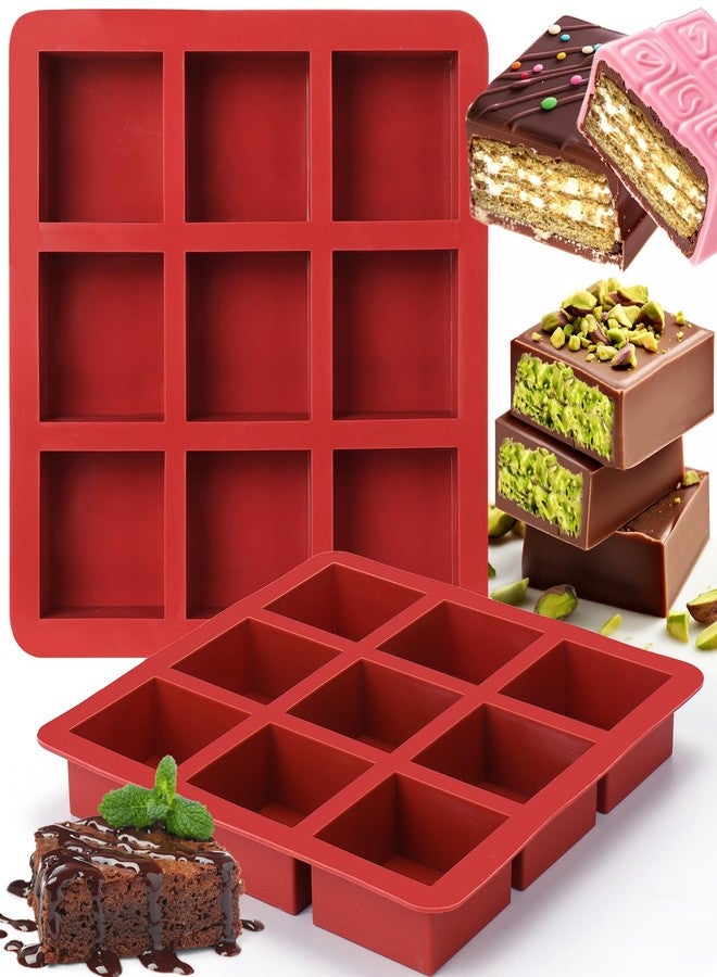 AIERSA Square Chocolate Molds Silicone, 2pcs 9-Cavity Chocolate Bar Molds for DIY 2.5" x 2.5" x 1" Dubai Chocolate Bar,Chocolate Covered Cookies, Silicone Molds for Baking Granola Bar, Brownie, Muffin - Image 1