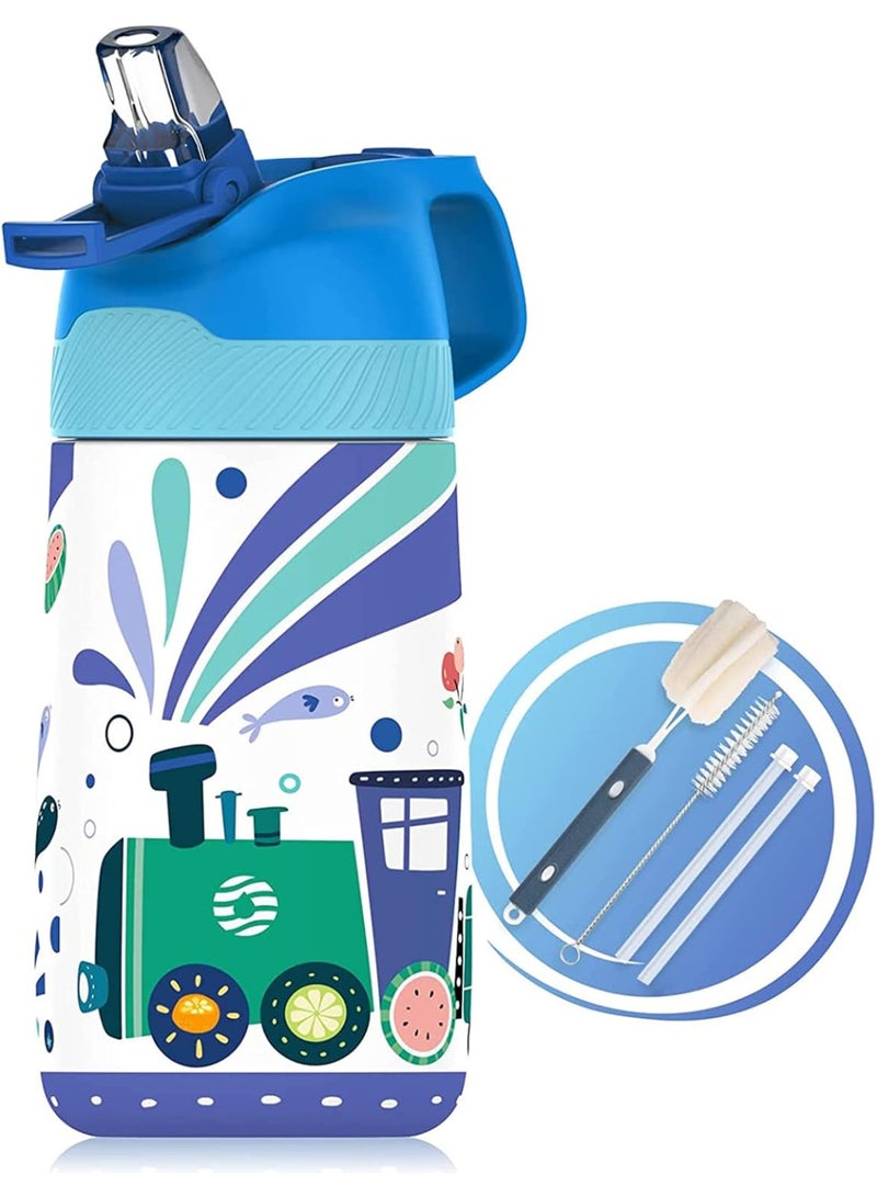 FjBottle Kids Stainless Steel Water Bottles with Straw, 12 oz Leak Proof Insulated Water Bottle Double Wall Keep Hot Cold Drinks Thermos Toddler Bottle with Handle BPA-Free for School - Image 1