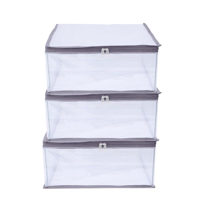 SAREE COVER STORAGE BAG BIG FOR CLOTHES WITH ZIP ORGANIZER FOR WARDROBE TRANSPARENT LARGE DESIGN BOXES PACK OF 3 GREY