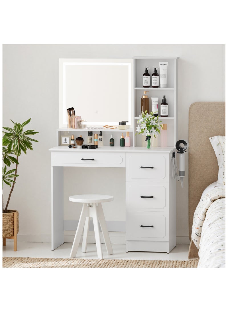 شوغوري منضدة مكياج بيضاء مزودة بمرآة وأضواء ومحطة شحن - سطوع قابل للتعديل، 3 ألوان إضاءة، 4 أدراج، مساحة تخزين واسعة - طاولة تجميل مزودة بأضواء LED - Image 1