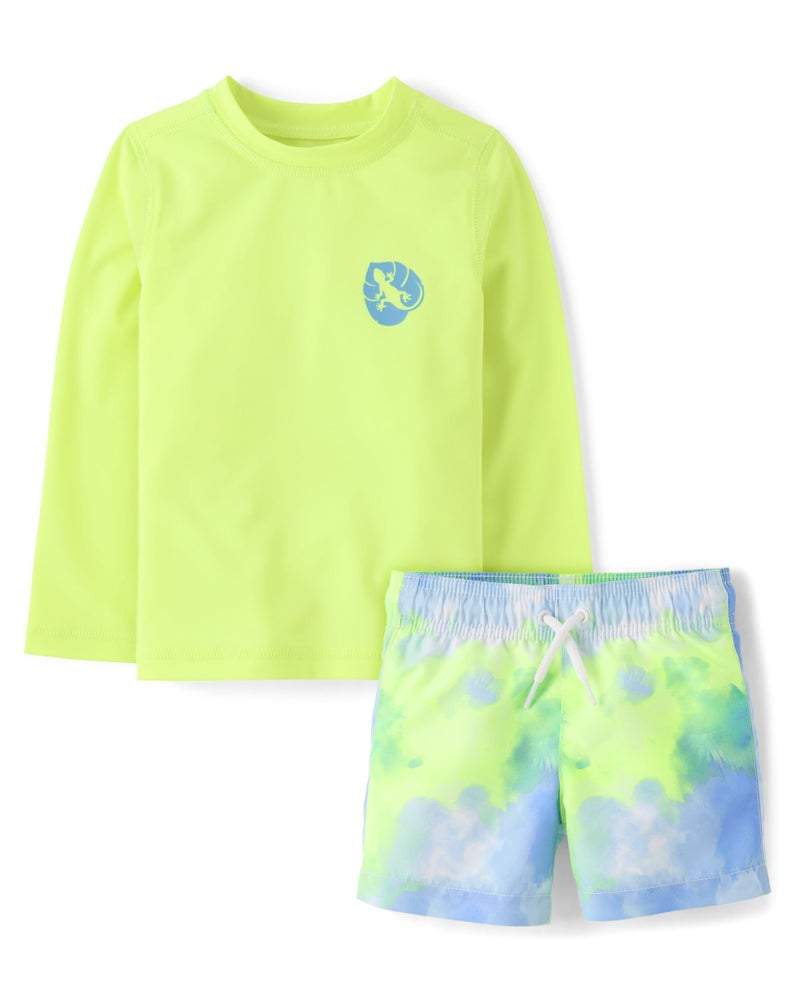 The Children's Place The Childrens PlaceBaby Boysand Toddler Long Sleeve Rashguard and Swim Trunks 2 Piece SetTie Dye Gecko2 Years - Image 2