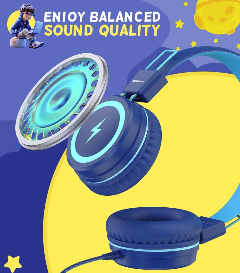 سماعات رأس للأطفال للمدرسة، سماعات رأس للأطفال من نوع USB Type C مع أضواء LED، سماعات رأس سلكية للأولاد والبنات مع محدد أمان 85dB/95dB، سماعات رأس قابلة للطي توضع على الأذن مع ميكروفونات للمدرسة/iPad - Image 5