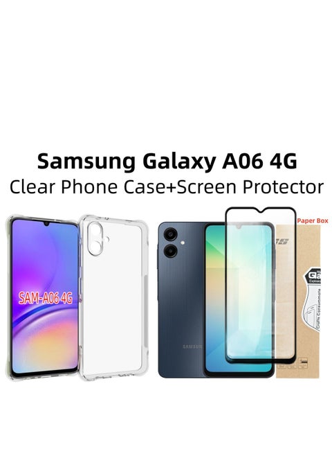 [1+1 Sets] For Samsung Galaxy A06 4G Case & Screen Protector Crystal Clear Ultra Slim Anti Scratch Shockproof Protective TPU Back Cover with Tempered Glass Screen Protector