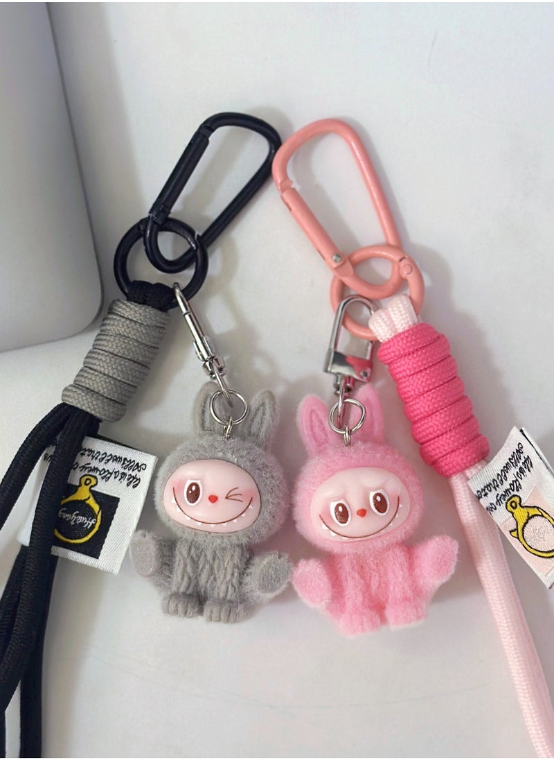 Paraphrase 2-Piece Kawaii Labubu Grey and Light Pink Wrist Keychain, Cute Bag Charm Pair for Besties and Couples, Car Keychain Accessories, Perfect Gifts for Girlfriends  - Image 1