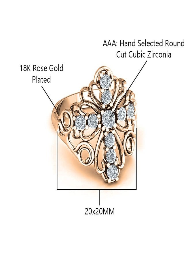 Savlano 18K Rose Gold Plated Round Cut Cubic Zirconia Filigree Cross Ring Women Religious Ring (9) - Image 2