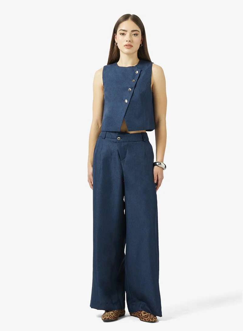 Ginger Button Up Detail Top & Wide Leg Pant Coord Denim Set