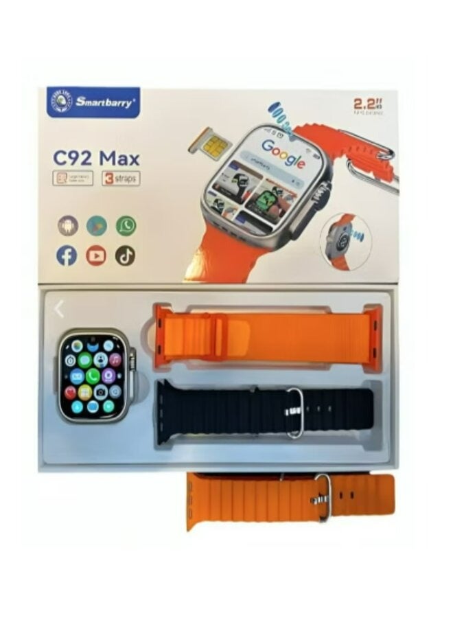 Smartbarry C92 max Smart Watch 4G Network Android Smart Watch with 3 Pairs Straps 64GB Memory Support SIM Card and Google Play Support All Apps as a Mobile Phone in Your Hand with 2 Camera for Taking Pictures - Image 1