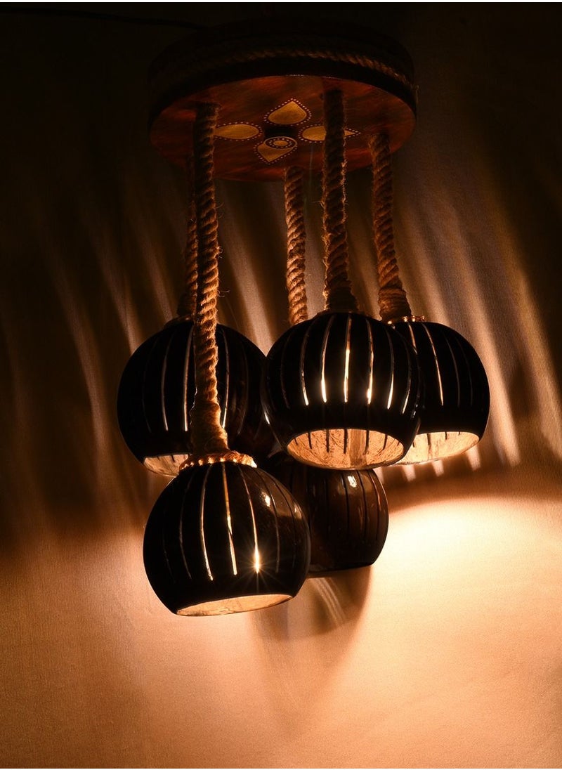 N & H Handmade Hanging Coconut Shell 5 Balls with Wooden Base Ceiling Pendant Lights, Decorative Chandelier Light Lamp for Home, Living Room, Bedroom, Hall Room, Indoor Home Décor  - Image 1