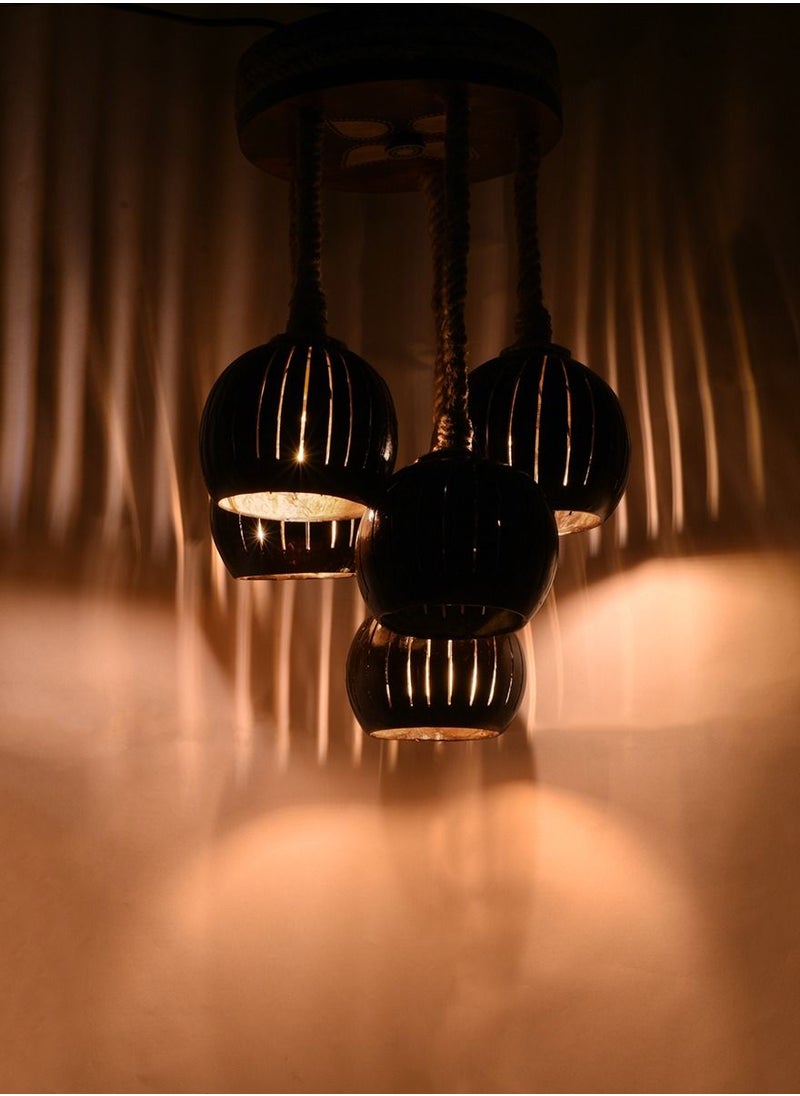 N & H Handmade Hanging Coconut Shell 5 Balls with Wooden Base Ceiling Pendant Lights, Decorative Chandelier Light Lamp for Home, Living Room, Bedroom, Hall Room, Indoor Home Décor  - Image 2