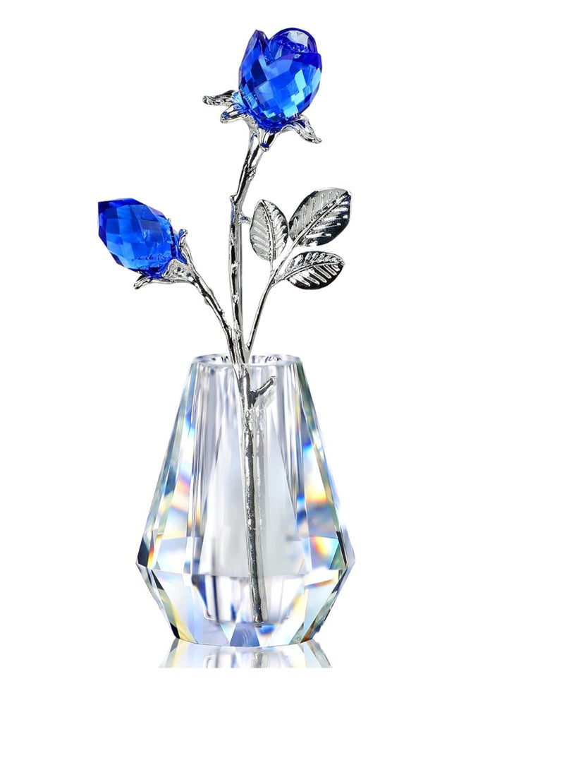 SOLARAE Two Crystal Blue Roses, Crystal Rose Figurine with Silver Pole,Forever Crystal Rose Paperweight Romantic Gift for Her/Wife/Mom/Women - Image 1