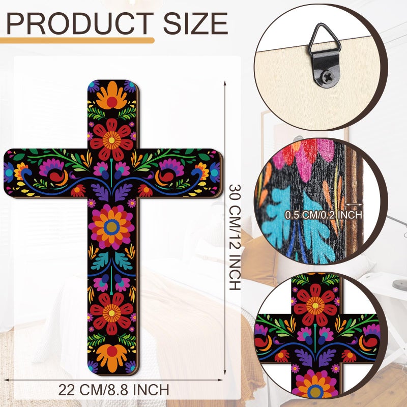 Maitys Floral Cross Wall Decor Hand Painted Decorative Inspirational Wooden Cross Mexican Art Wall Decor Mexican Crucifix for Home Room Church Decoration(Retro Style) - Image 3