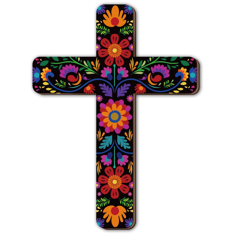 Maitys Floral Cross Wall Decor Hand Painted Decorative Inspirational Wooden Cross Mexican Art Wall Decor Mexican Crucifix for Home Room Church Decoration(Retro Style) - Image 1