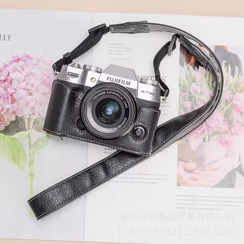XT50 Leather Half Case Portable Shoulder Camera Bag Black shoulder strap 
