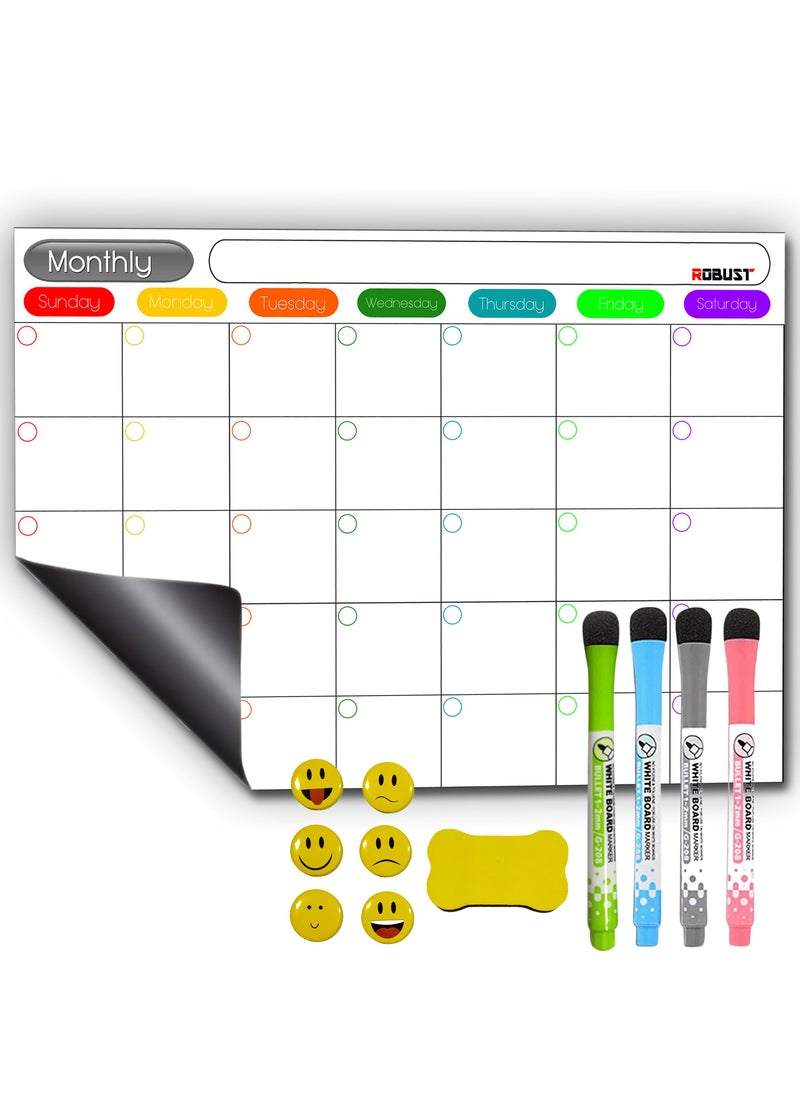 ROBUST Robust Dry Erase Magnetic Weekly planner, 17XI2 Inch With 4 Marker Pens, Magnetic Eraser and 6 Emojis, Stain Resistant Magnetic Whiteboard Calendar For Fridge, Home, Office, Restaurant Organizer.  - Image 1