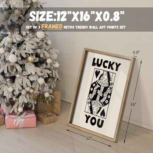 Heiple Framed Set of 3 Poker Wall Art Lucky You Poster, Trendy Retro Print Wall Decor for Queen of Hearts Wall Art Rustic Vintage Farmhouse Home Wall Decor（Brown 12"x16"） - Image 4