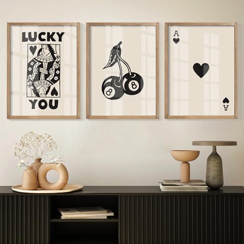 Heiple Framed Set of 3 Poker Wall Art Lucky You Poster, Trendy Retro Print Wall Decor for Queen of Hearts Wall Art Rustic Vintage Farmhouse Home Wall Decor（Brown 12"x16"） - Image 2