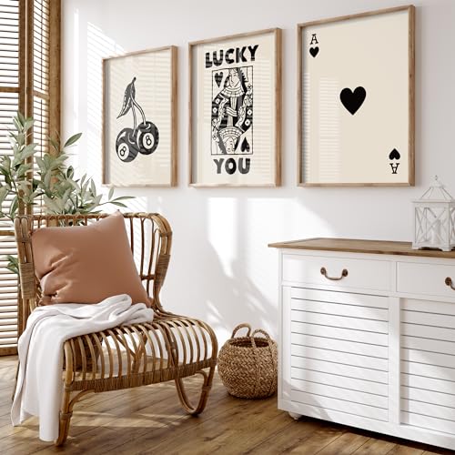 Heiple Framed Set of 3 Poker Wall Art Lucky You Poster, Trendy Retro Print Wall Decor for Queen of Hearts Wall Art Rustic Vintage Farmhouse Home Wall Decor（Brown 12"x16"） - Image 3