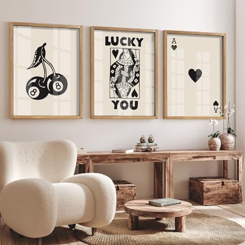 Heiple Framed Set of 3 Poker Wall Art Lucky You Poster, Trendy Retro Print Wall Decor for Queen of Hearts Wall Art Rustic Vintage Farmhouse Home Wall Decor（Brown 12"x16"） - Image 1