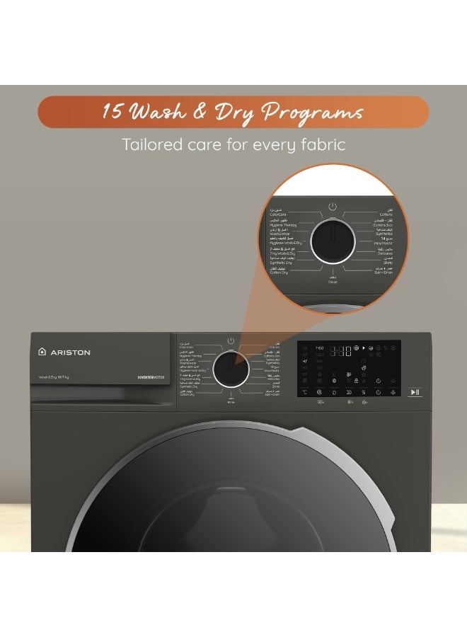Ariston Freestanding Washer Dryer 10 Kg Wash / 7 Kg Dry, 1400 RPM, Inverter Motor, Steam Function, 15 Programs, Digital Display, Stainless Steel Drum, Manhattan Gray - ARWD107143DMME 10 kg ARWD107143DMME Manhattan Gray - Image 4