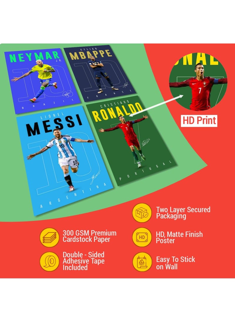 Waltractive - Waltractive Football Poster Pack of 4 Cristiano Ronaldo Lionel Messi Neymar jr and Mbappe Perfect Addition for Fans for Wall and Room Decoration - Image 1