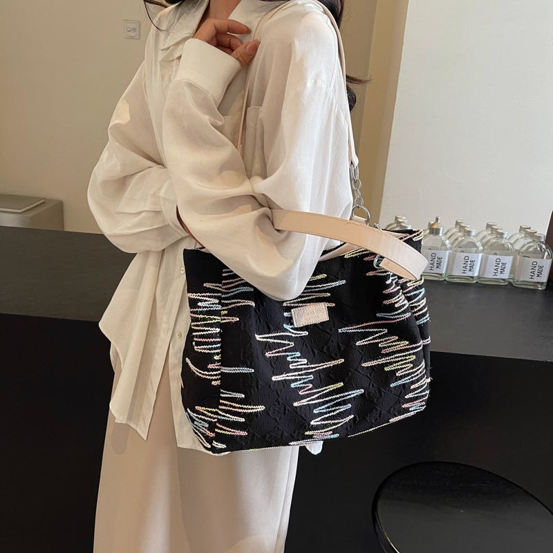 Casual Commuting Large Capacity Striped Cloth Bag Women'S Fashion Commuting Shoulder Tote Bag For College Students - Image 3