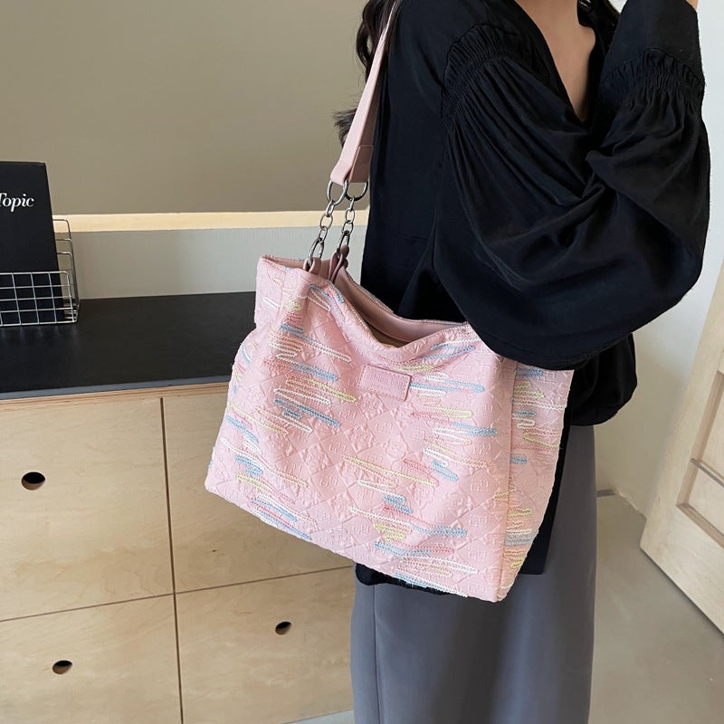 Casual Commuting Large Capacity Striped Cloth Bag Women'S Fashion Commuting Shoulder Tote Bag For College Students - Image 2