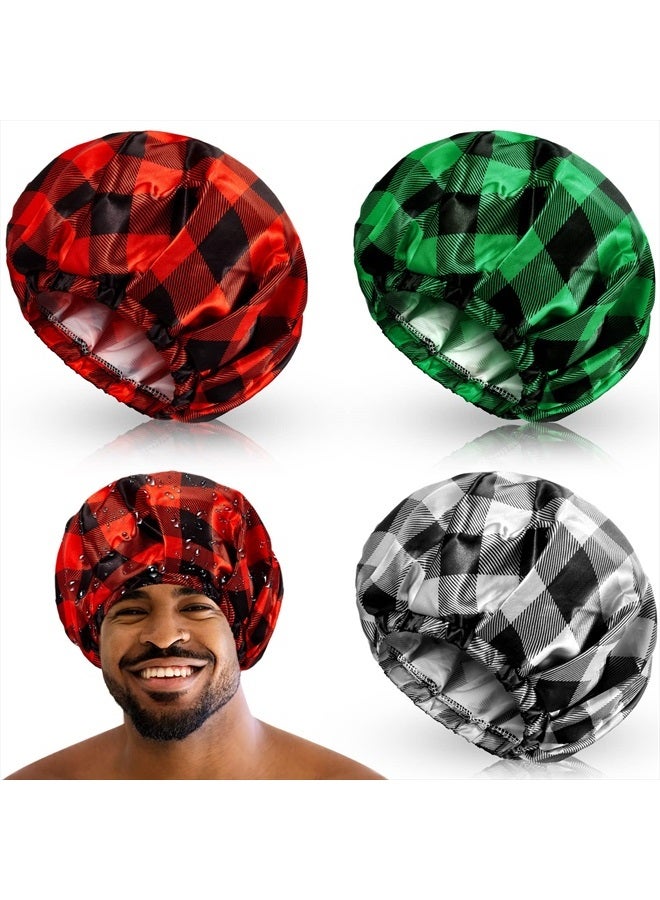 Jeere Shower Cap for Men Waterproof Reusable Shower Cap Large Bath Cap Men Shower Cap for Dreadlocks, Braids, Curls, Locs, Curly Hair,3 Colors (Plaid Pattern) - Image 1