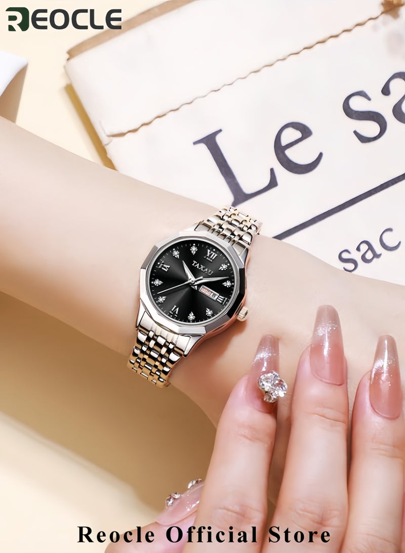 ريوكل ساعة نسائية من الكوارتز مزينة بالألماس ساعة موضة بميناء دائري مرصع بالألماس مصنوعة من الفولاذ المقاوم للصدأ الفاخر ومقاومة للماء - Image 2