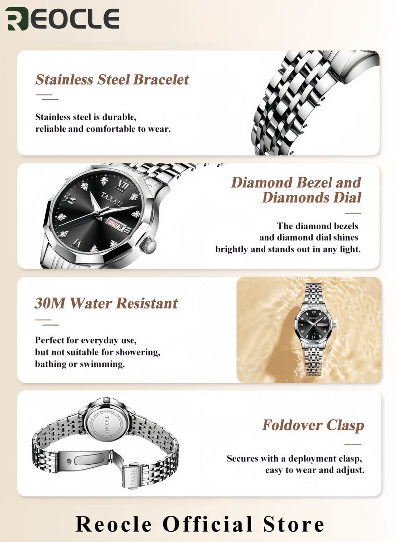 ريوكل ساعة نسائية من الكوارتز مزينة بالألماس ساعة موضة بميناء دائري مرصع بالألماس مصنوعة من الفولاذ المقاوم للصدأ الفاخر ومقاومة للماء - Image 4