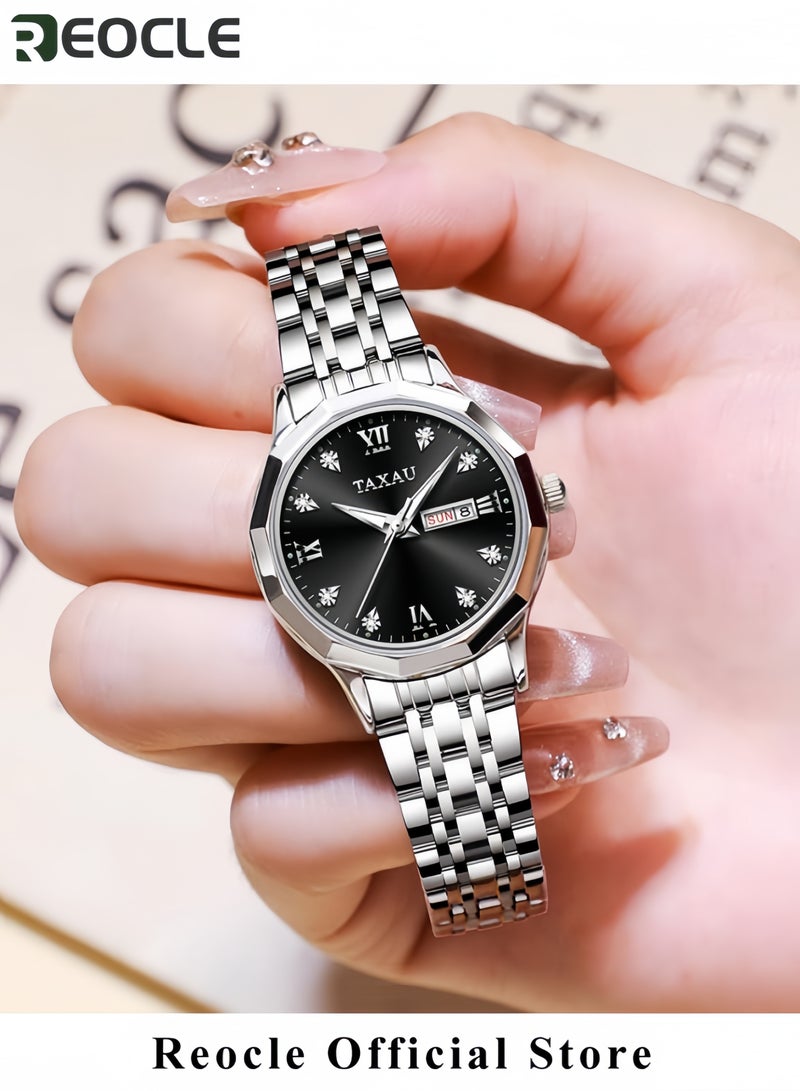 ريوكل ساعة نسائية من الكوارتز مزينة بالألماس ساعة موضة بميناء دائري مرصع بالألماس مصنوعة من الفولاذ المقاوم للصدأ الفاخر ومقاومة للماء - Image 3