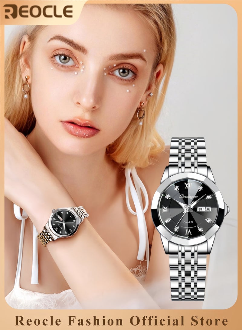 ريوكل ساعة نسائية من الكوارتز مزينة بالألماس ساعة موضة بميناء دائري مرصع بالألماس مصنوعة من الفولاذ المقاوم للصدأ الفاخر ومقاومة للماء - Image 1