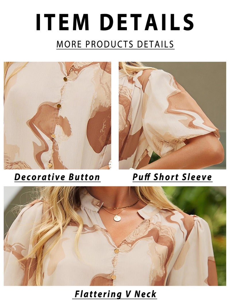 Simplee Womens Summer Floral Blouses Chiffon Boho Dressy Casual Work V Neck Puff Short Sleeve Loose Fashion Tops Shirt(Brown,Large) - Image 4