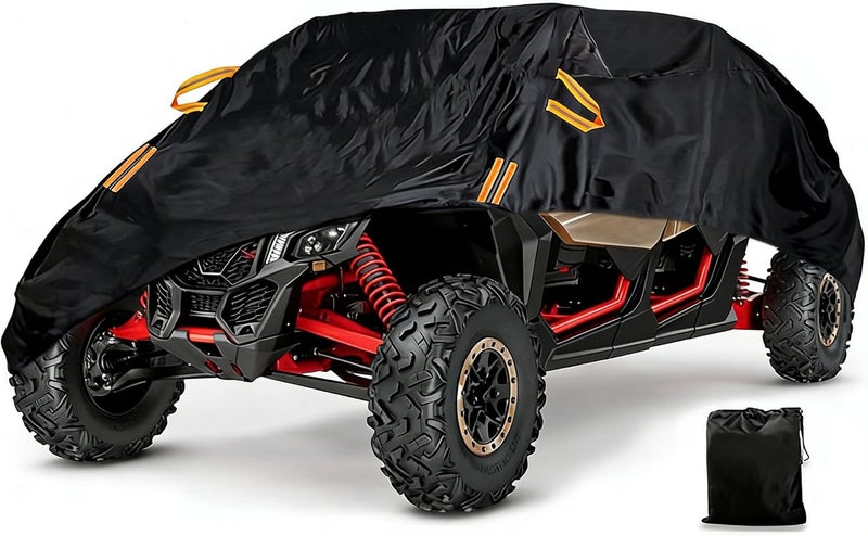 غطاء لمركبات الـ UTV من نوع TrailMaster Challenger4 300 للأعوام 2019–2026، مخصص للتخزين الخارجي، مقاوم للماء والرياح، يحمي من الغبار والأوساخ، باللون الأسود والبرتقالي. - Image 1