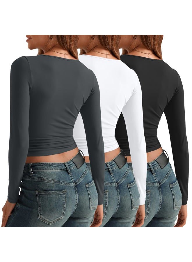 AUTOMET 3 Pack Womens Long Sleeve Shirts Fall Fashion Scoop Neck Crop Tops Basic Layer Slim Fit Y2K Clothes, Black,white,grey, M - Image 4