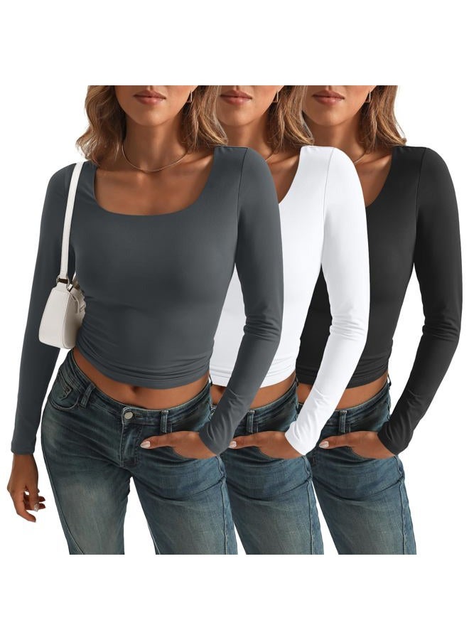 AUTOMET 3 Pack Womens Long Sleeve Shirts Fall Fashion Scoop Neck Crop Tops Basic Layer Slim Fit Y2K Clothes, Black,white,grey, M - Image 2