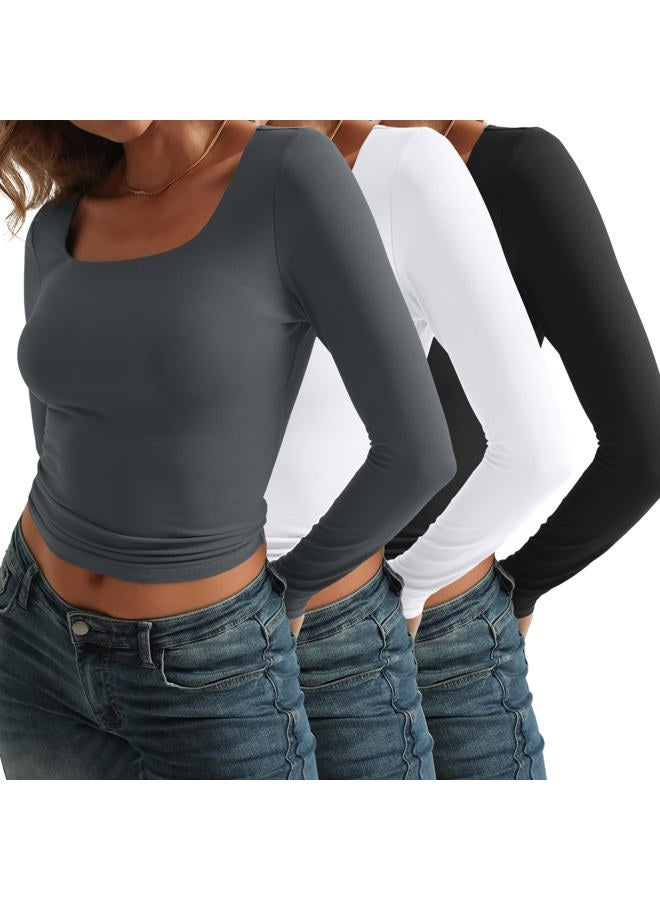 AUTOMET 3 Pack Womens Long Sleeve Shirts Fall Fashion Scoop Neck Crop Tops Basic Layer Slim Fit Y2K Clothes, Black,white,grey, M - Image 3