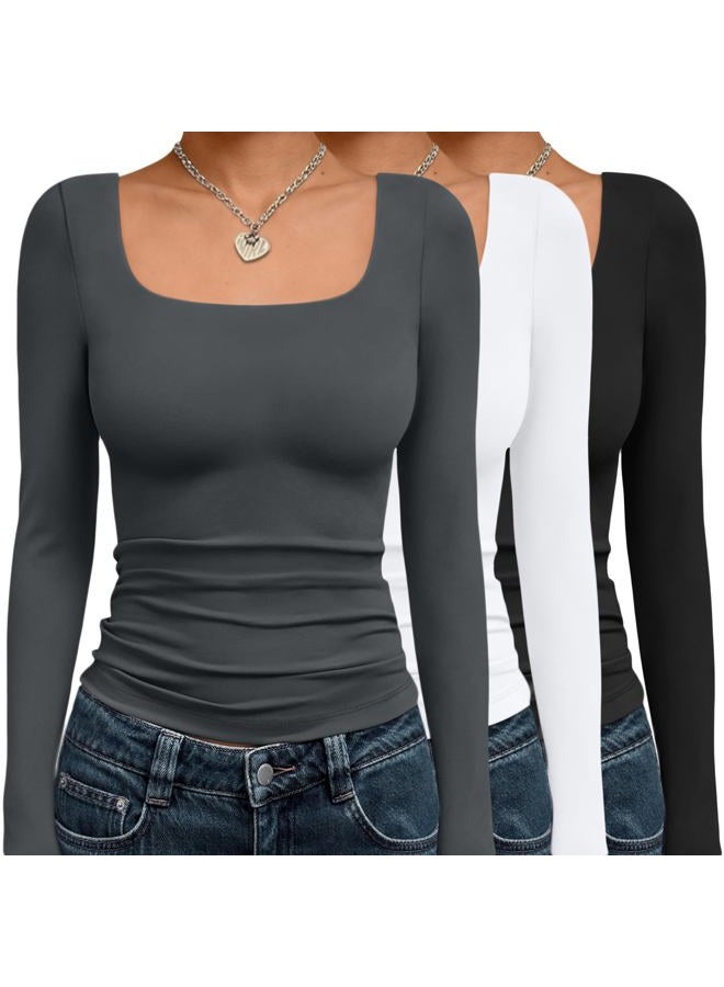 AUTOMET 3 Pack Womens Long Sleeve Shirts Fall Fashion Scoop Neck Crop Tops Basic Layer Slim Fit Y2K Clothes, Black,white,grey, M - Image 1