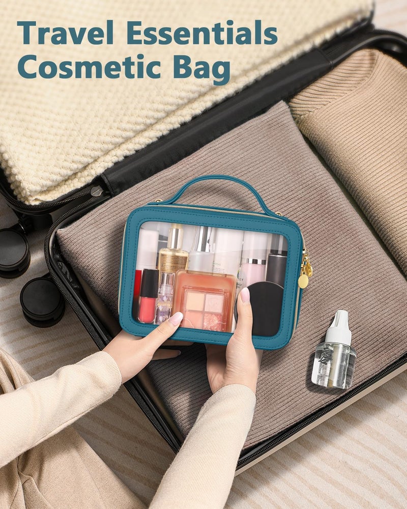 Soimeat Clear Makeup Bag, Portable Travel Cosmetic Bags, Multipurpose Leather Toiletry Bag with Zipper, Waterproof Transparent Cosmetic Organizer for Women, Medium, Blue - Image 2