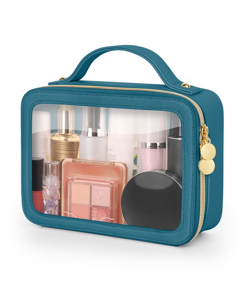 Soimeat Clear Makeup Bag, Portable Travel Cosmetic Bags, Multipurpose Leather Toiletry Bag with Zipper, Waterproof Transparent Cosmetic Organizer for Women, Medium, Blue - Image 1
